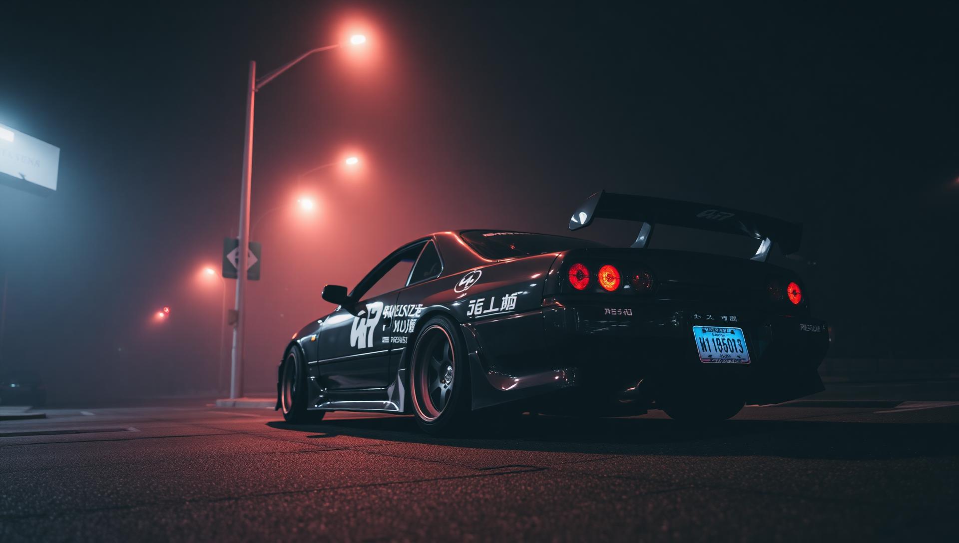 Modified drift car under streetlights at night